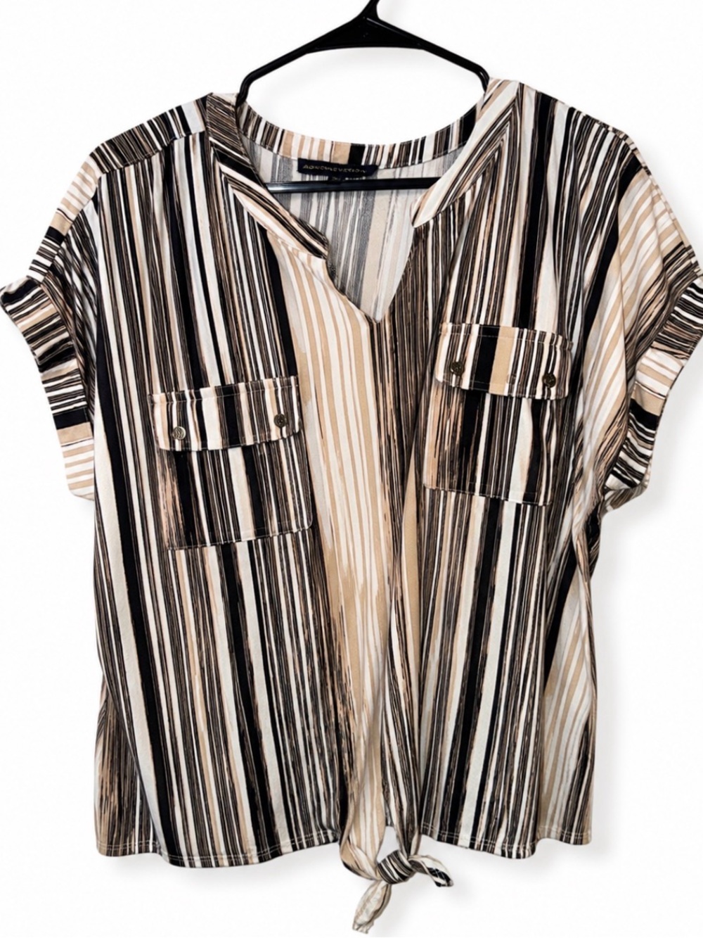 Adrienne Vittadini Striped Tie Front Blouse Size‎ M Neutral Short Sleeve Top